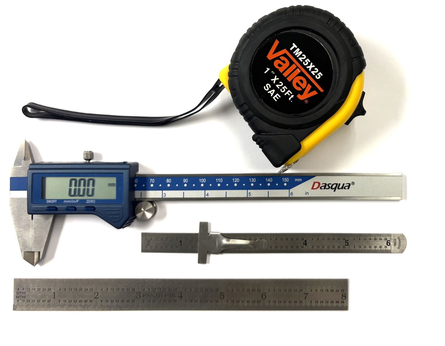 4 PIECE MEASURING SET TAPE MEASURE, 2 RULERS & 6" CALIPER (9999-0072)